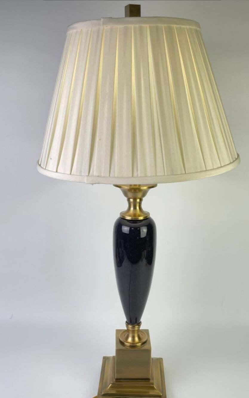 VTG Stiffel Neoclassical Blue Black Porcelain Brass Hollywood Regency Table Lamp